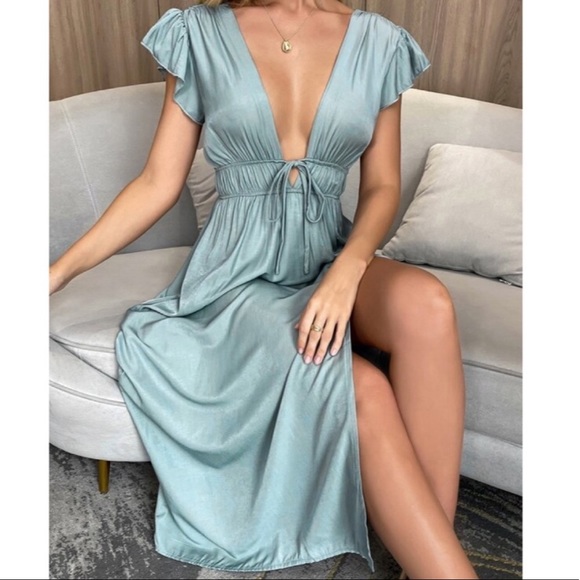 Boho v  neck plunging neckline midi dress burgundy - Picture 2 of 13